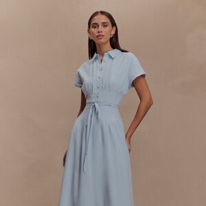 Aysha Buttoned Linen Midi Dress - Cornflower Blue